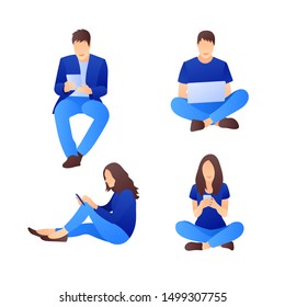 Vector set of sitting characters with smart phones and laptops. Collection of 4 people. Social media marketing concept. Flat style design with gradient. Modern vector.