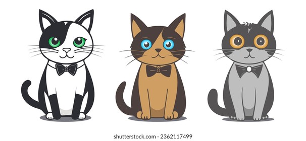 Vector set of sitting funny cute cartoon colored kittens with bow ties. Cats are pets. White isolated background.