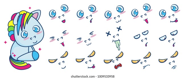 Vector set of sitting little pony with different face emotions. Cute cartoon illustration