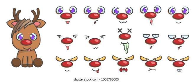 Vector set of sitting rudolph reindeer with different face emotions. Cute cartoon illustration