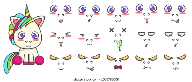 Vector set of sitting unicorn with different face emotions. Cute cartoon illustration svg