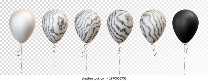 Vector set of six 3d realistic matt air balloons. Pearl white, with abstract black and white marbled agate texture, onyx black. Good for Birthday, anniversary, New Year, wedding, graduation designs