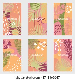 Vector set of six abstract backgrounds in a trendy style with space for text. Design templates for social media stories and bloggers social media Wallpapers with graphic and tropical elements