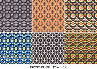 vector set of six beautiful colorful geometric seamless patterns. polygons, segments, triangles, and smooth-edged shapes are arranged in a specific order. 
