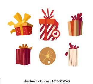 Vector set of six bright gifts with bants. Gift box in perspective. Collection of gifts for the design of holiday cards, invitations or bonuses. Isolated on a white background. Flat cartoon style.  
