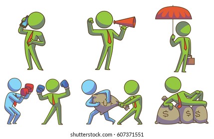 Vector set of six business icons with cartoon images of blue and green businessmen in red ties in different business situations on a white background. Business, work, office. Color image. 