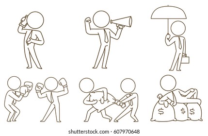 Vector set of six business icons with cartoon images of businessmen in ties, in different business situations and with various business attributes on a white background. Business, office. Line art. 