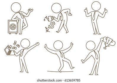 Vector set of six business icons with cartoon images of businessmen in ties, in different business situations and with various business attributes on a white background. Business, office. Line art. 
