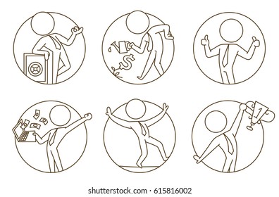 Vector set of six business icons: round frames with cartoon images of businessmen in different business situations with various business attributes on a white background. Business, office. Line art. 