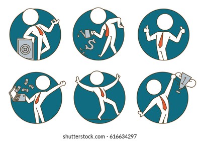 Vector set of six business icons: round blue frames with cartoon images of white businessmen in red ties in different business situations on a white background. Business, office. Made in blue tones.