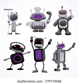 Vector set of six cartoon black and gray robots cook, cleaner, dancer, listening music, goes on white isolate background. Robots show a raised hand.