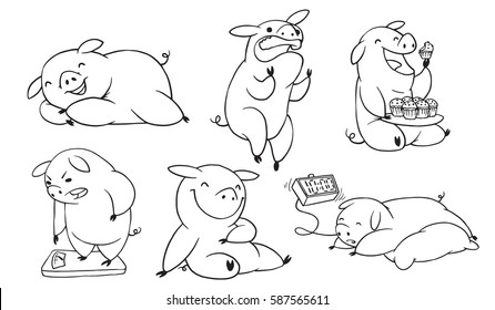 Vector set of six cartoon images of funny plump pigs in different poses with different emotions on a white background. Made in monochrome style. Positive character, farm. Line art. Vector illustration