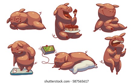 Vector set of six cartoon images of funny pink plump pigs in different poses with different emotions on a white background. Color image. Positive character, farm. Line art. Vector illustration.