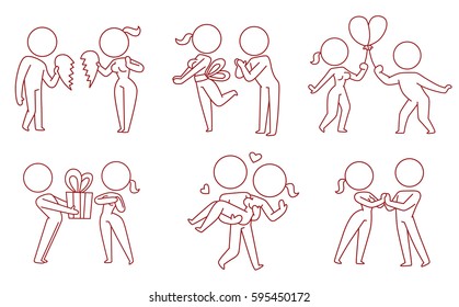 Vector set of six cartoon images of loving couples: woman and man in different situations on a white background. Love, relationship, date. Made in monochrome style. Line art. Vector icon.