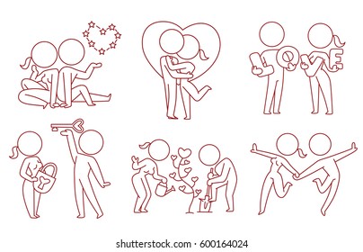 Vector set of six cartoon images of loving couples: woman and man with different actions on a white background. Love, relationship, date. Made in monochrome style. Line art. Vector icon.