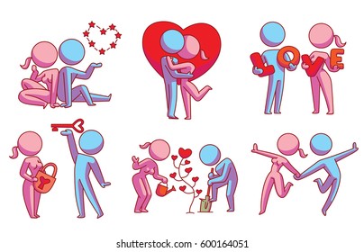 Vector set of six cartoon images of loving couples: pink woman and blue man with different actions on a white background. Love, relationship, date. Color image. Vector icon.