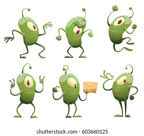 Vector set of six cartoon images of funny green microbes with one big eye, with an antenna, with arms and legs, in different actions on a white background. Positive character. Creature.