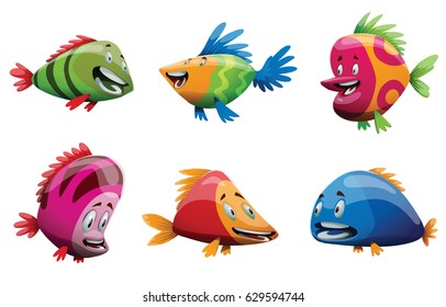 Vector set of six cartoon images of cute fishes of different bright colors and sizes smiling on a white background. Underwater life, ocean, aquarium. Positive character. Vector illustration.