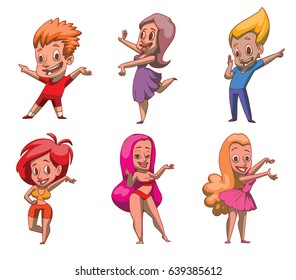 Vector set of six cartoon images of funny various men and women in different clothes, standing, presenting something and smiling on a white background. Business, businessman, sale, shop. Color image.