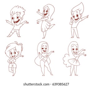 Vector set of six cartoon images of funny various men and women in different clothes, standing, presenting something and smiling on a white background. Business, businessman, sale, shop. Line art.