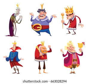 Vector set of six cartoon images of funny various kings in different clothes with different attributes of power in hands standing on a white background. Monarchy, kingdom. Vector illustration.