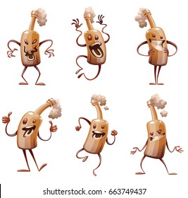 Vector set of six cartoon images of funny brown bottles of beer with different actions and emotions on a white background. Alcohol, party, drink. Vector illustration.