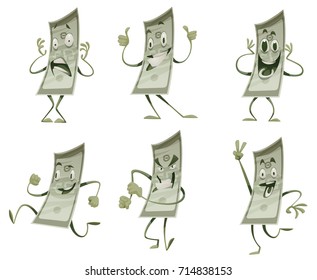 Vector set of six cartoon images of funny green banknotes with arms and legs, with different actions and emotions on a white background. Money, finance, business, currency, dollar. 