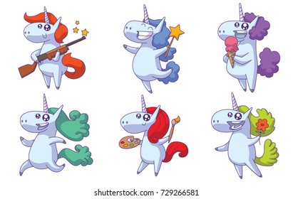 Vector set of six cartoon images of cute white happy unicorns with various colors manes and tails with different actions on a white background. Animals, legend, fairy tale. Vector illustration.