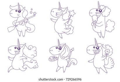Vector set of six cartoon images of cute white happy unicorns with manes and tails with different actions on a white background. Line art. Animals, legend, fairy tale. Vector illustration.