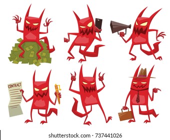 Vector set of six cartoon images of funny red devils with horns and tails with different actions and emotions on a white background. Demon, positive character, business, halloween. Vector illustration