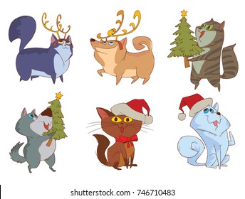 Vector set of six cartoon images of cute various Christmas cats and dogs smiling with different actions on a white background. Christmas, New Year, holiday, animals. Vector illustration.