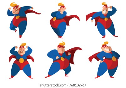 Vector set of six cartoon images of funny fat superheroes in red-blue suits, cloaks and red masks, with different actions and emotions on a white background. Superhero, savior, comic, hero. 