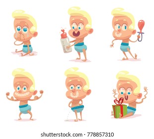 Vector set of six cartoon images of funny babies boys with blond hair in blue diapers with different actions and emotions on a white background. Children, childhood, birth. Vector illustration.