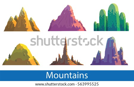 Vector set of six cartoon images of various mountains of different colors and shapes on a white background. Nature, climbing, background. inscription "Mountains". Vector illustration.