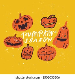 Vector set of six cartoon scandinavian style Halloween pumpkins designs with  calligraphy PUMPKIN SEASON. Funny halloween card. Party invitation design.