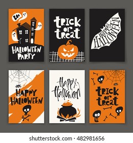 Vector set of six cartoon style Halloween poster designs with halloween symbols and calligraphy. Funny halloween card. Party invitation design. 