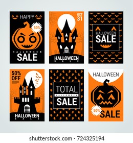 Vector set of six cartoon style Halloween poster designs with halloween symbols and calligraphy. Funny halloween card. Sale design.