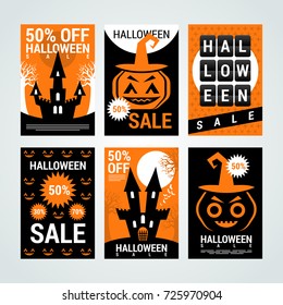 Vector set of six cartoon style Halloween poster designs with halloween symbols and calligraphy. Funny halloween card. Sale design.