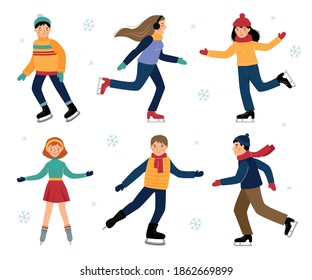 Vector set with six children ice skating isolated on a white background. Winter fun.