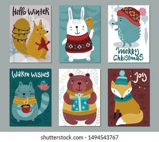 Vector set of six Christmas greeting cards with cute animals and holiday simbols. Bear, fox, cat, rabbit.