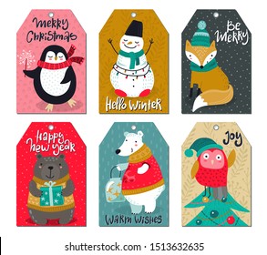Vector set of six Christmas greeting cards with cute animals and holiday simbols. Polar bear, fox, owl, snowman, bear.