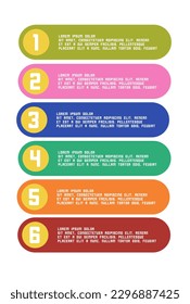 Vector set of six color icons with numbers, rectangular with rounded corners horizontally placed below each other with text on a transparent background