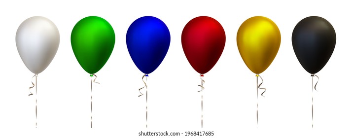 Vector set of six colorful 3d realistic metallic air balloons. White, green, blue, red, yellow, and black. Good for Birthday, anniversary, New Year, graduation event designs.