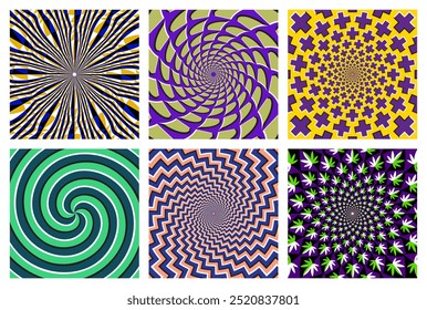 Vector set of six colorful circular patterns. Eye-catching backgrounds with optical moving effect.