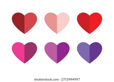 Conjunto vetorial de seis corações coloridos divididos em dois tons: vermelho, rosa, magenta e roxo. Ideal para Dia dos Namorados, amor e temas de namoro.
