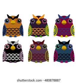 Vector set of six colorful owls on a white background