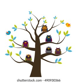 Vector set of a six colorful owls and birds on the tree on a white background