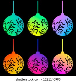 Vector set of six colorful rainbow Christmas balls isolated on black background. Beautiful Christmas toys.