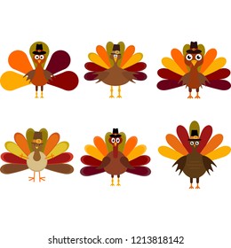 Vector set of a six colorful thanksgiving turkeys