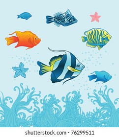 Vector set of six colorful tropical fishes and two starfishes  above water plant